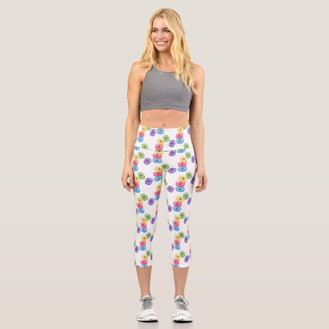 Cute funny macaroons cartoon illustration capri leggings (Front)
