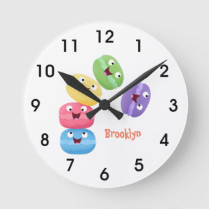 Cute funny macaroons cartoon illustration round clock