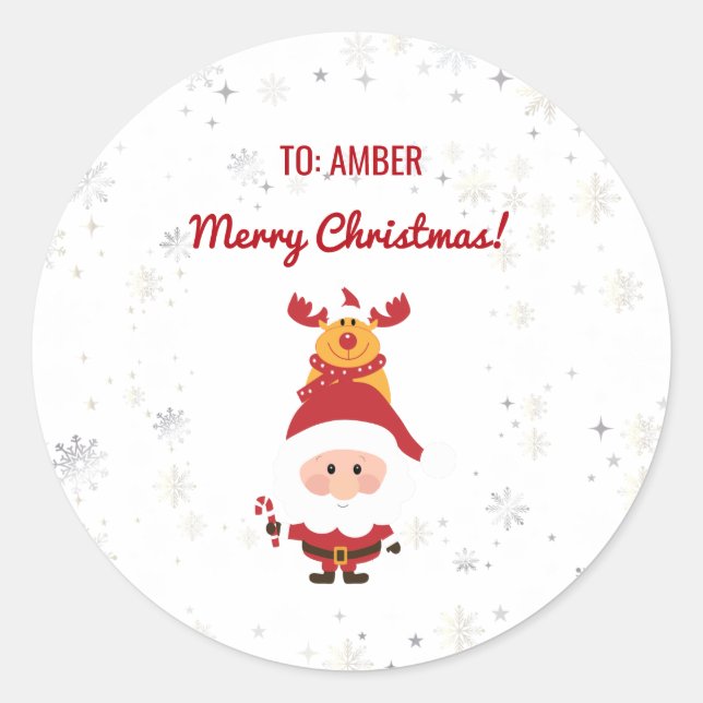 Cute Funny Modern Rudolph Santa Personalised Name  Classic Round Sticker (Front)