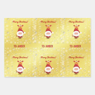 Cute Funny Modern Rudolph Santa Personalised Name  Wrapping Paper Sheet