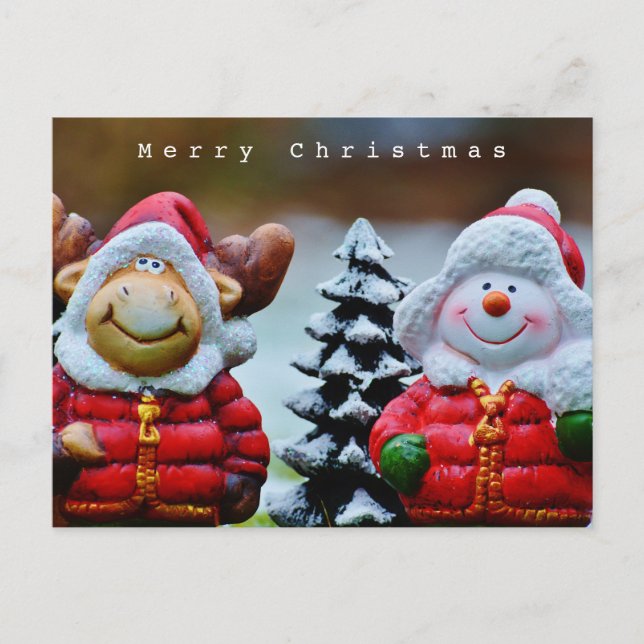 Cute Funny Moose and Snowman in the Snow Postcard (Front)