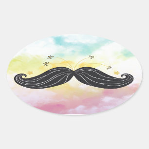Cute Funny moustache colourful background drawn Oval Sticker