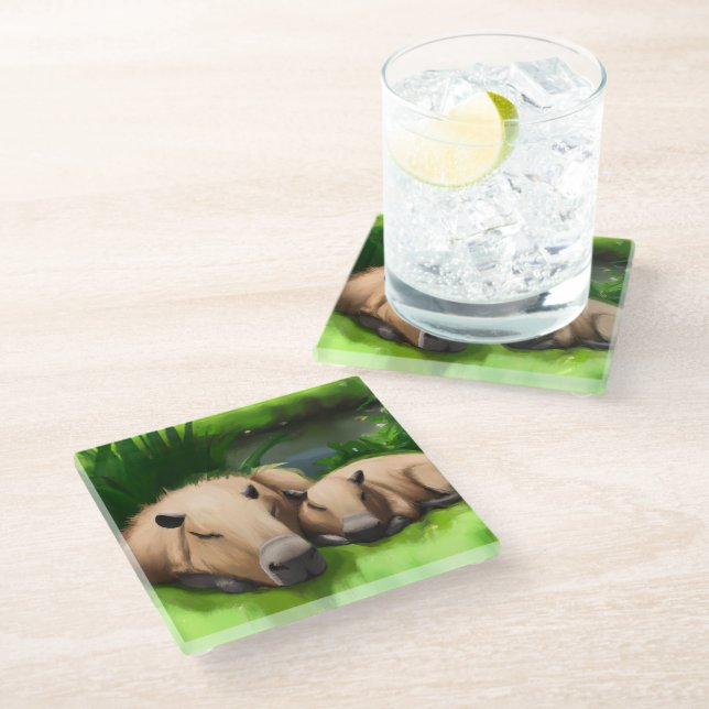 Cute Funny Napping Capybaras by the Pond Glass Coaster (Angled)