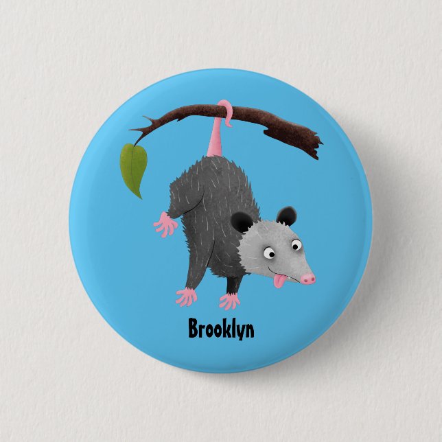 Cute funny opossum hanging from branch cartoon 6 cm round badge (Front)