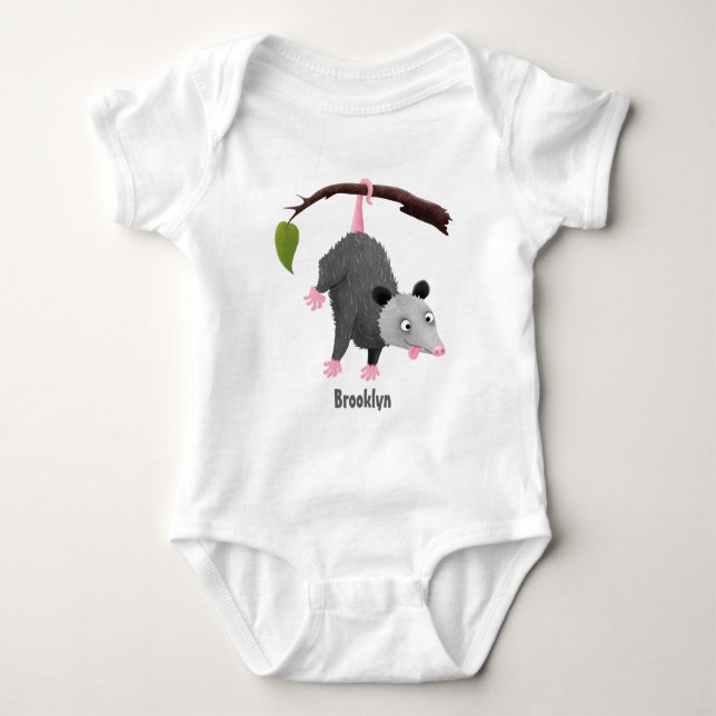 Cute funny opossum hanging from branch cartoon baby bodysuit (Front)