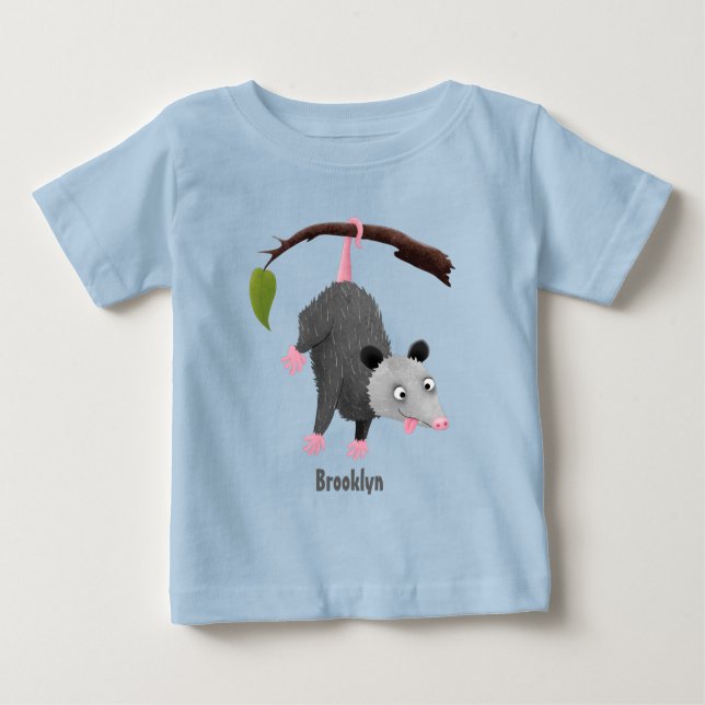 Cute funny opossum hanging from branch cartoon  baby T-Shirt (Front)
