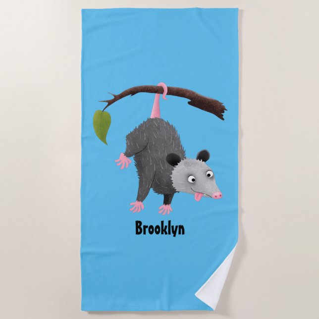 Cute funny opossum hanging from branch cartoon beach towel (Front)