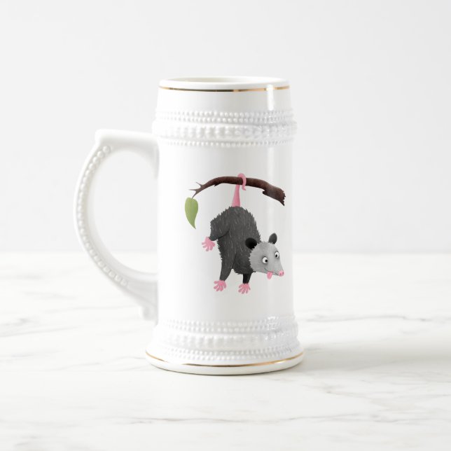 Cute funny opossum hanging from branch cartoon beer stein (Left)