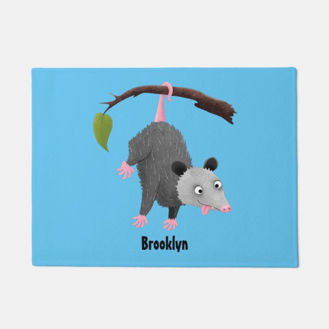 Cute funny opossum hanging from branch cartoon doormat (Front)