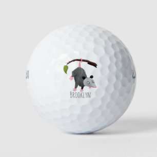 Cute funny opossum hanging from branch cartoon golf balls