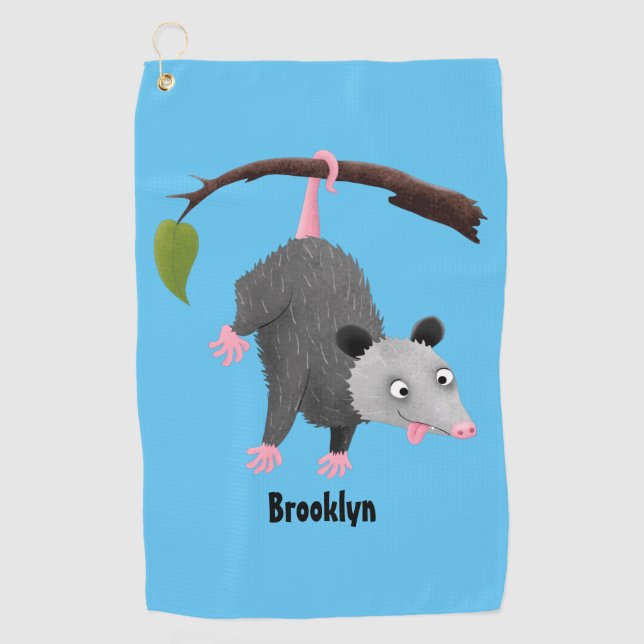 Cute funny opossum hanging from branch cartoon golf towel (Front)