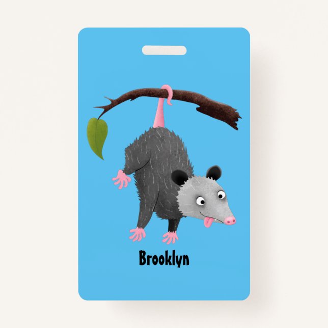 Cute funny opossum hanging from branch cartoon ID badge (Front)