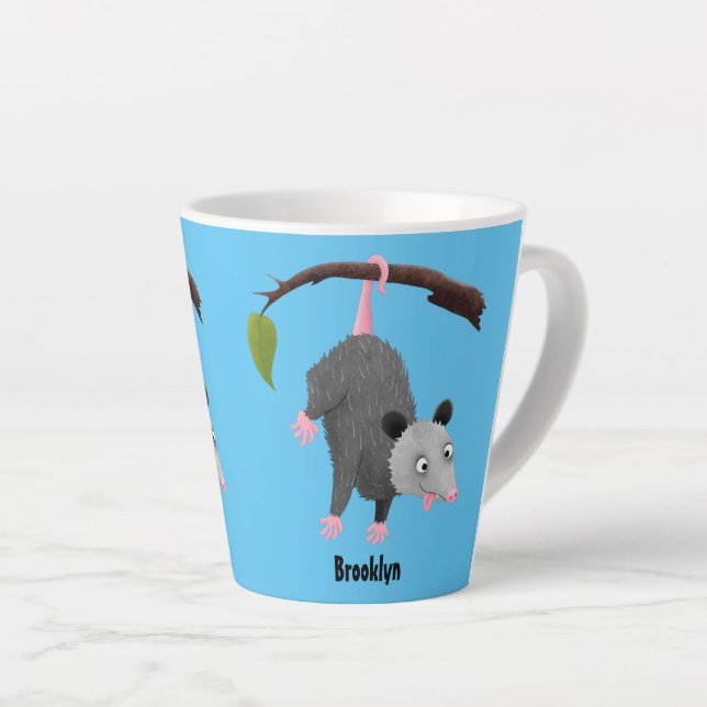 Cute funny opossum hanging from branch cartoon latte mug (Right Angle)