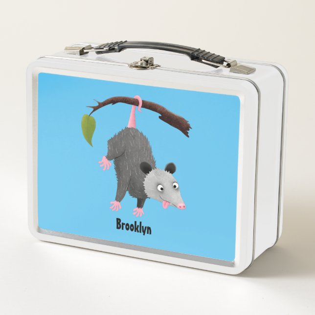 Cute funny opossum hanging from branch cartoon metal lunch box (Front)