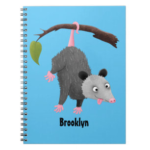 Cute funny opossum hanging from branch cartoon notebook
