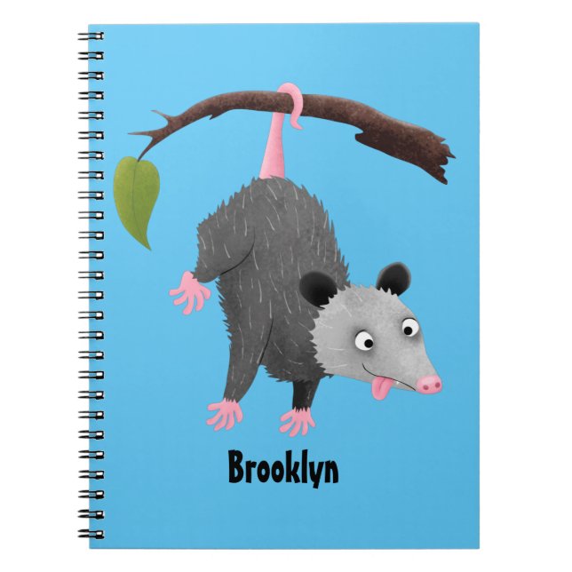Cute funny opossum hanging from branch cartoon  notebook (Front)