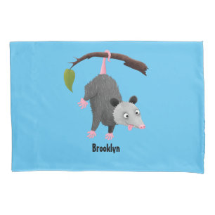 Cute funny opossum hanging from branch cartoon pillowcase