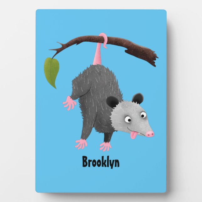 Cute funny opossum hanging from branch cartoon plaque (Front)