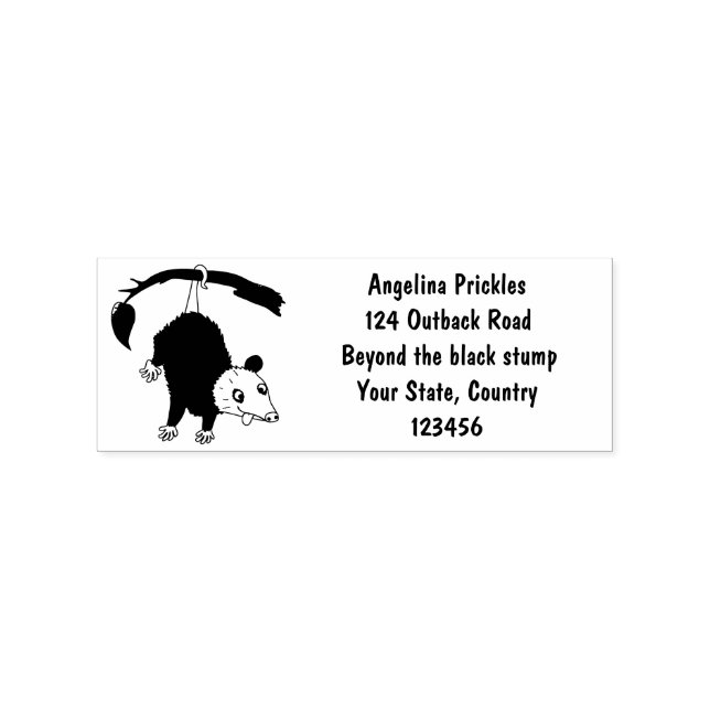 Cute funny opossum hanging from branch cartoon rubber stamp (Imprint)