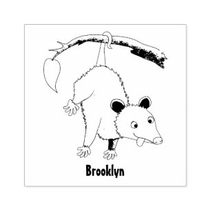 Cute funny opossum hanging from branch cartoon rubber stamp