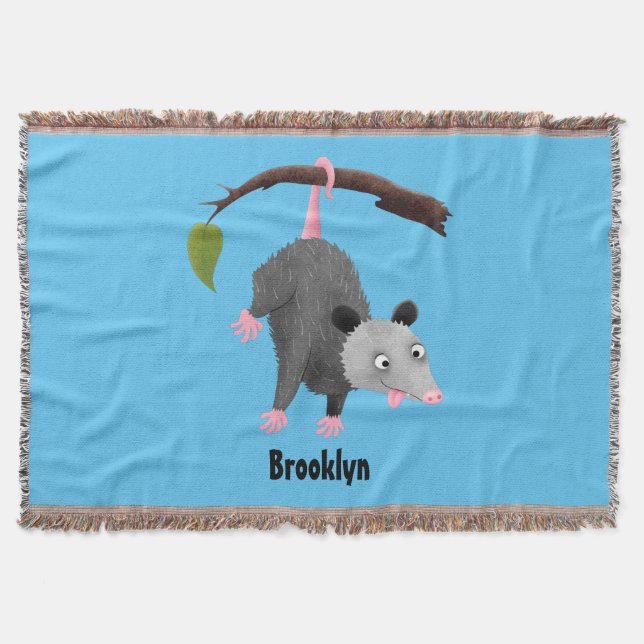 Cute funny opossum hanging from branch cartoon throw blanket (Front)