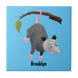 Cute funny opossum hanging from branch cartoon tile