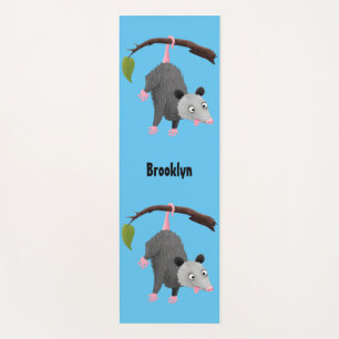 Cute funny opossum hanging from branch cartoon yoga mat