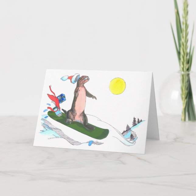 Cute Funny Otter Snowboarding Christmas Card (Front)
