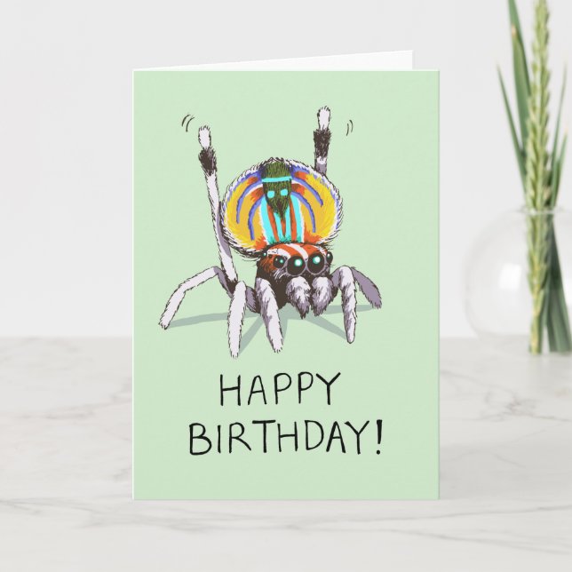 Cute Funny Peacock Spider Happy Birthday Card (Front)