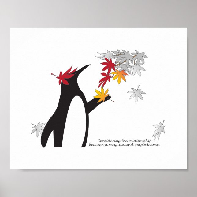 Cute Funny Penguin and Autumn Maple Leaves Poster (Front)