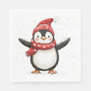 cute funny penguin in scarf and hat for winter napkin
