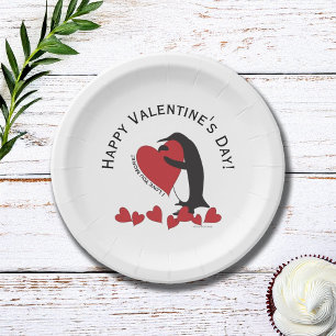 Cute Funny Penguin Red Heart Valentine's Day Paper Plate