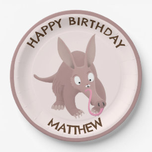Cute funny personalised aardvark birthday paper plate