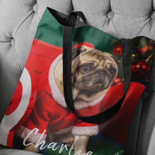 Cute Funny Pet Dog Puppy Photo Name Christmas  Tote Bag (Creator Uploaded)