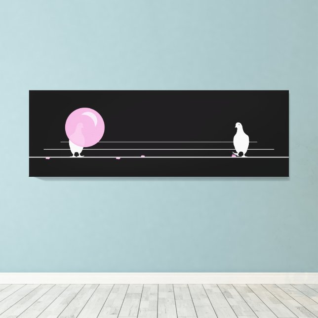 Cute Funny Pink Bubble Gum Birds On a Wire Black Canvas Print (Insitu(Wood Floor))