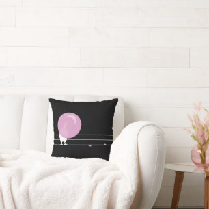 Cute Funny Pink Bubble Gum Birds On a Wire Black Cushion