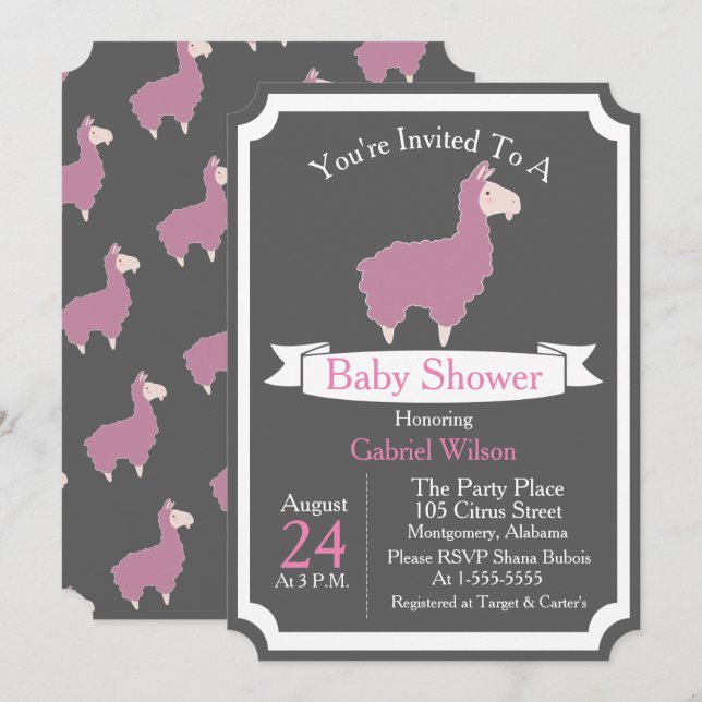 Cute Funny Pink Llama Baby Girl Baby Shower Invitation (Front/Back)