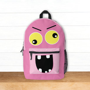 Cute Funny Pink Monster w/ Name Kids Printed Backpack