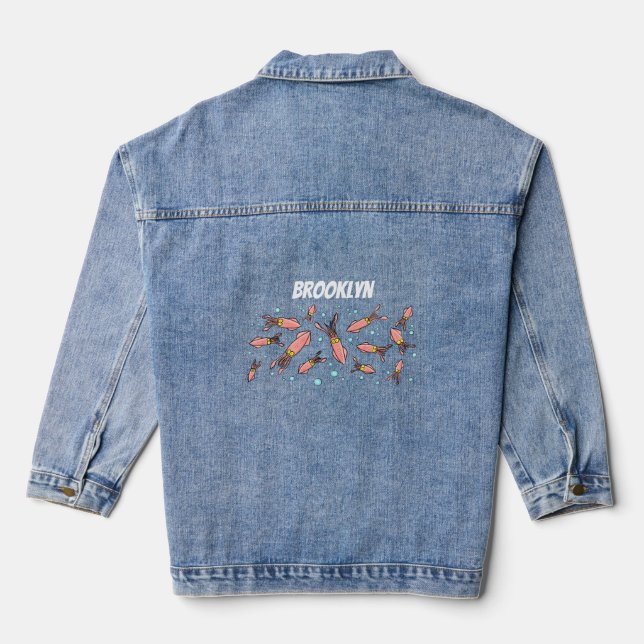 Cute funny pink squid cartoon pattern denim jacket (Back)