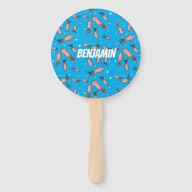 Cute funny pink squid cartoon pattern hand fan (Front)