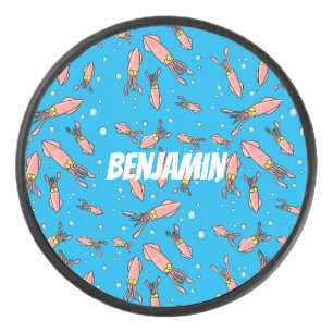 Cute funny pink squid cartoon pattern hockey puck