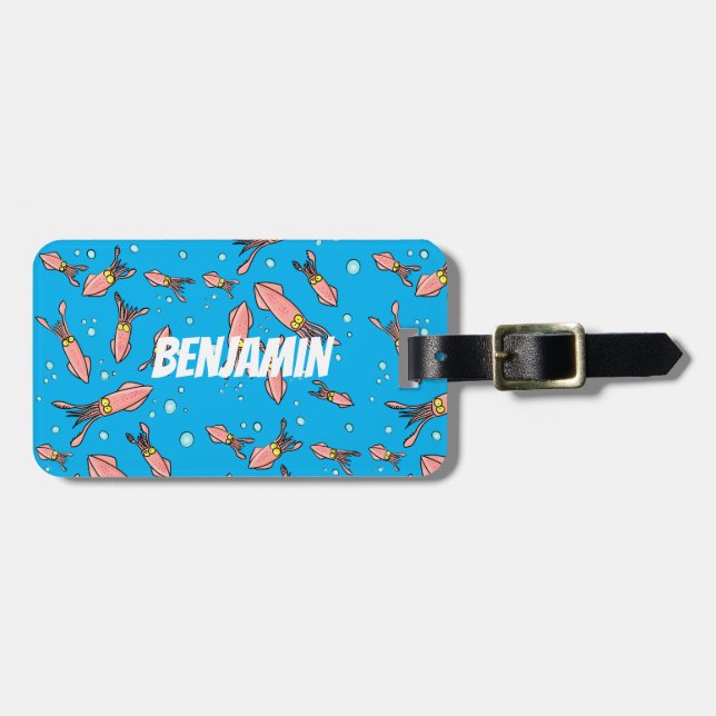 Cute funny pink squid cartoon pattern luggage tag (Front Horizontal)