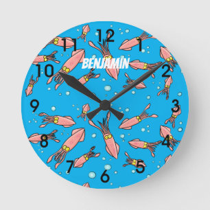 Cute funny pink squid cartoon pattern round clock