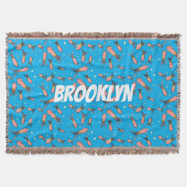 Cute funny pink squid cartoon pattern throw blanket (Front)