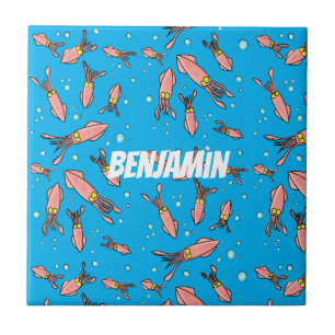Cute funny pink squid cartoon pattern tile