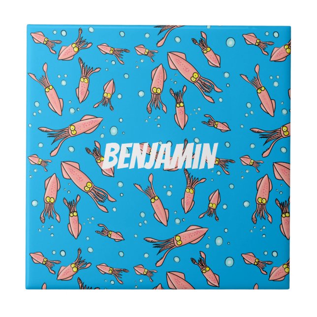 Cute funny pink squid cartoon pattern tile (Front)