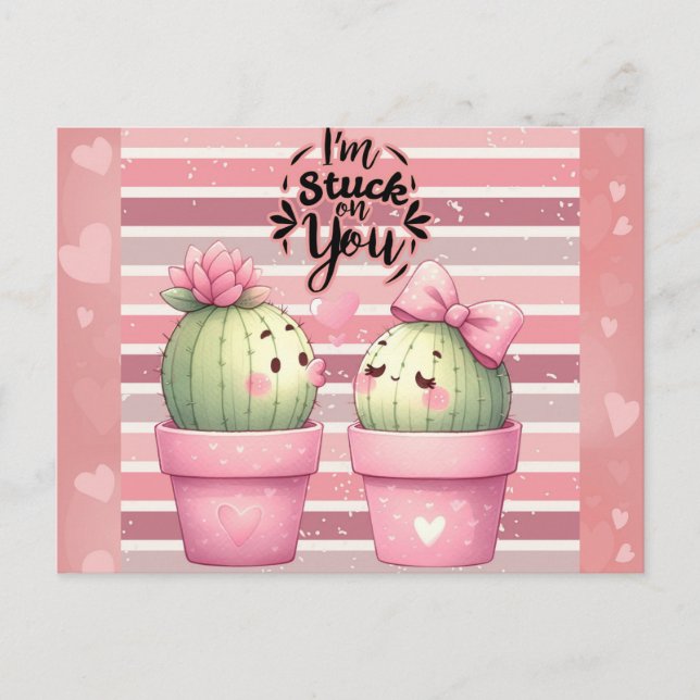 Cute Funny Pink Valentines Day Cactus Postcard (Front)