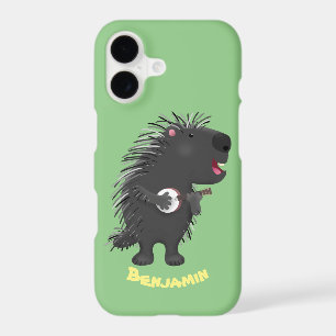 Cute funny porcupine playing banjo cartoon