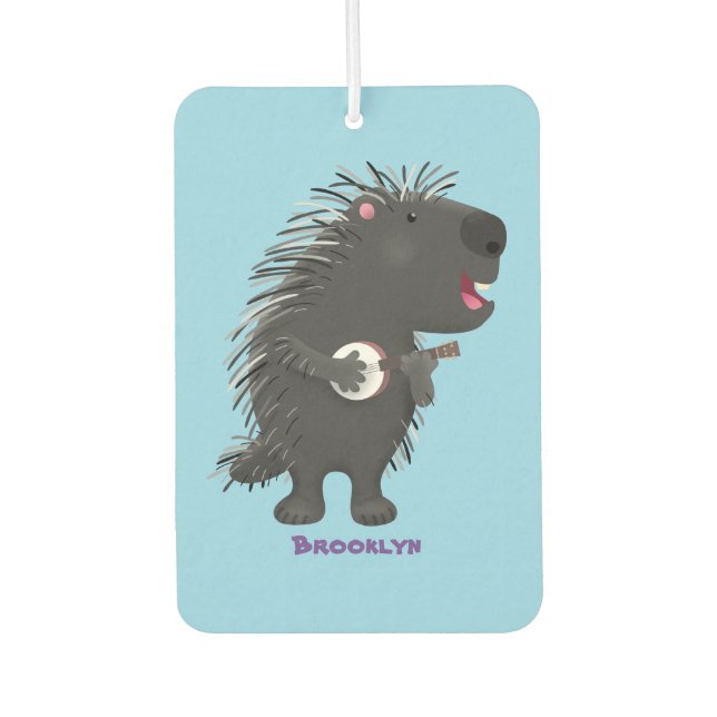 Cute funny porcupine playing banjo cartoon  car air freshener (Front)