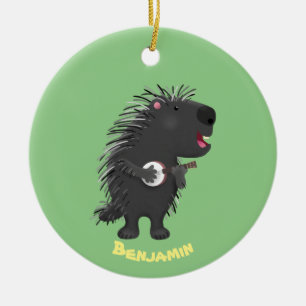 Cute funny porcupine playing banjo cartoon ceramic tree decoration